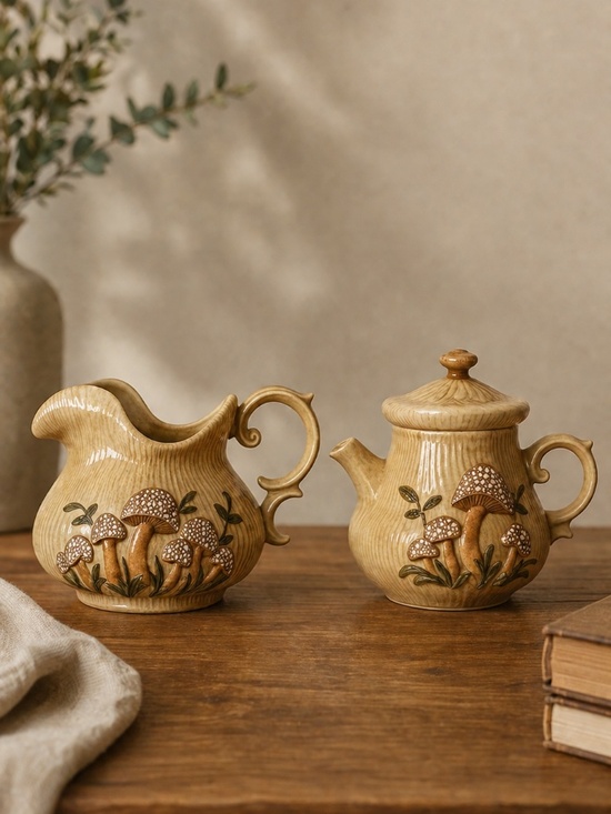 Arnels Other - Arnel’s Beige Ceramic Mushroom Teapot Pitcher Set 70s Cottagecore 2pc‎